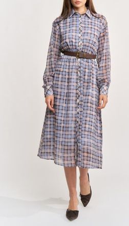 En Saison Briar Plaid Ruffle Long Sleeve Shirtdress in Dusty Blue Brown at Nordstrom, Size X-Small