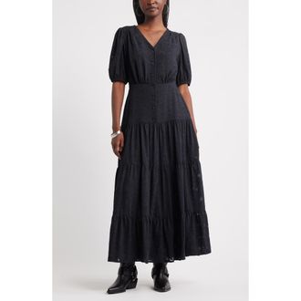 Treasure & Bond Puff Sleeve Tiered Jacquard Maxi Dress in Black at Nordstrom Rack, Size Xx-Small