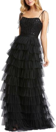 Mac Duggal Sequined Bustier Tiered Ruffle Gown