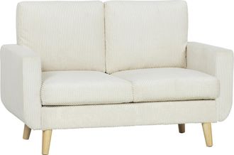 HOMCOM Homcom Sof&aacute; De 2 Plazas, 134 Cm, Tapizado En Pana, Con Acolchado Grueso, Cojines De Resortes, Patas De Madera, Para Dormitorio, Oficina, Sal&oacute;n, Crema