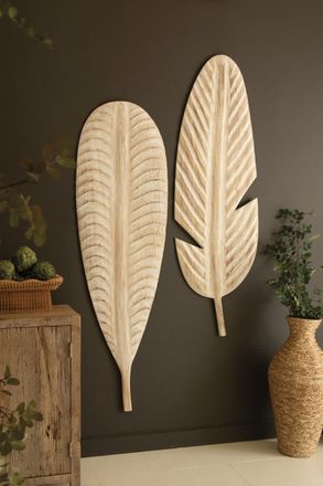 Kalalou Set Of Two Giant Hand-Carved Paulownia Wood Leaves