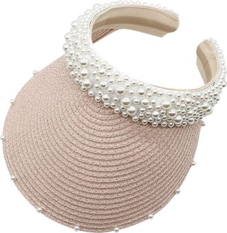 Generic Sun Visors for Women Womens Pearl Headband Hairpin Hat Sunscreen Sunshade Woven Hollow Sunhat Sweat Absorption Sports Visor Elastic with Brim UV Prote