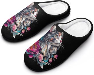 Generic Boho Cute Cat Flowers Womens Slippers Warm House Slippers Indoor House Shoes with Anti-Skid Rubber Sole