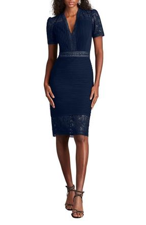 Tadashi Shoji Pintuck Lace Inset Cocktail Dress in Navy at Nordstrom, Size 8