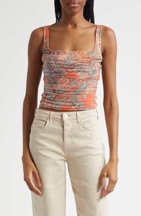 L'agence Rasha Paisley Ruched Mesh Tank in Orange/Light Blue Paisley at Nordstrom Rack, Size Xx-Small