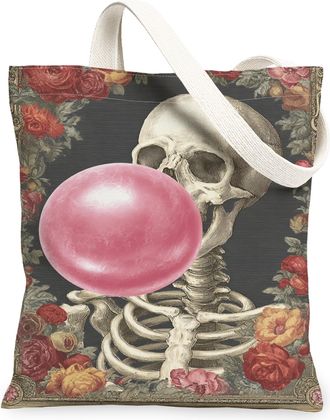 Generic Vintage Skeleton Floral Canvas Tote Bag, Artistic Flower Pattern Reusable Grocery Bag, Lightweight Washable Shoulder Strap, Multicolor, 13x15 Inch