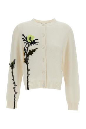 Barrie White/Multicolor Thistle Motif Cashmere Cardigan