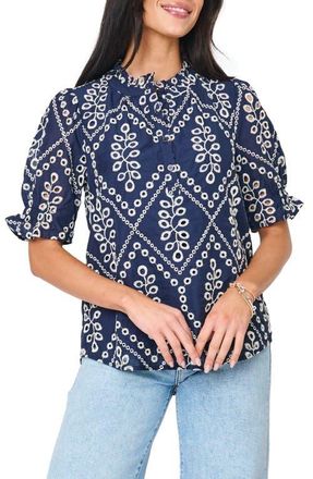 Gibsonlook Dianthus Puff Sleeve Cotton Top in Navy Eyelet at Nordstrom, Size Xx-Large