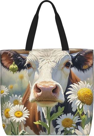 Generic Watercolor Cow And Daisy Flower Handbag Lightweight Shopper Bag Large Capacity Grocery Bags For Work College Ladies