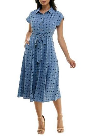 Nina Leonard Swiss Dot Cap Sleeve Midi Shirtdress in Denim Multi at Nordstrom Rack, Size X-Large