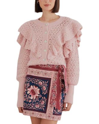 Farm Rio Farm Rio Pink Flower Texture Knit Wool-Blend Cardigan