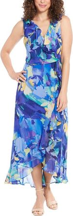 London Times Yuryu Floral Ruffle Wrap Dress in Blue Multi at Nordstrom Rack, Size 12