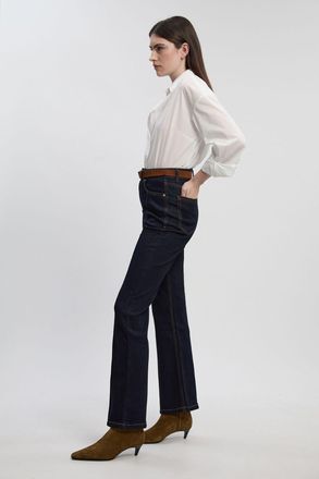 Karen Millen Womens Petite Stretch Denim Pintuck Flare Jean - Indigo Blue Cotton - Size 12 UK