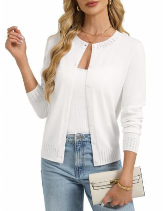 Grace Karin Womens Cardigans Long Sleeve, Rundhals Button Down Cardigans for Women UK, Business Casual Blazer Bolero White S