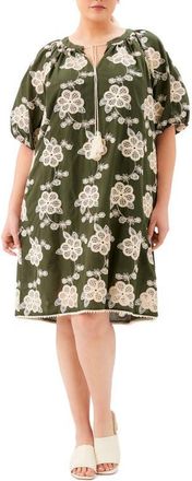 Karen Kane Embroidered Tassel Tie Puff Sleeve Shift Dress in Olive/natural at Nordstrom, Size 0X