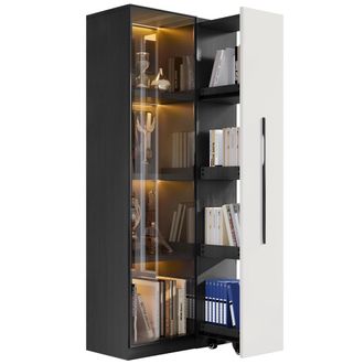 STILVORA Vitrina Con 1 Puerta De Vidrio Templado, 1 Caj&oacute;n Lateral, Led, Bisagras Silenciosas, En Mdf, 70&times;40&times;160 Cm, Negro Blanco