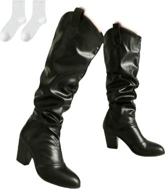 Generic Knee-High Womens Boots with Block Heels, Slip-On Boots in A Leather Look with A Casual Ruched Shaft, Comfortable Winter Boots for Everyday Wear And Le