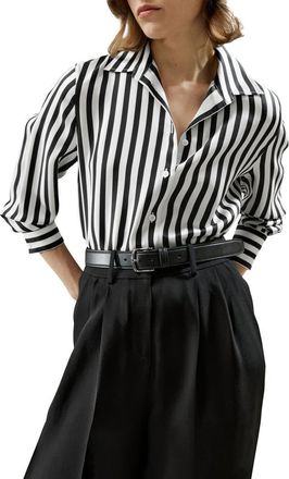 LilySilk The Amalfi Stripe Silk Shirt in Black-White Pinstripes at Nordstrom, Size Medium