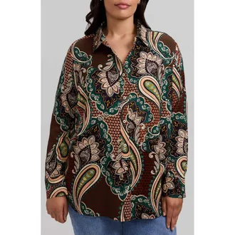 Foxcroft Meghan Paisley Print Button-Up Shirt in Red/multi at Nordstrom, Size 2X