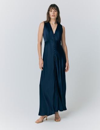 Ghost London River V Neck Button Satin Maxi Dress in Navy at Nordstrom, Size 8