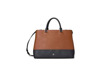 Lauren Ralph Lauren Striped Leather Large Hanna Satchel Satchel Womens Handbags Lauren Tan/Lauren Navy