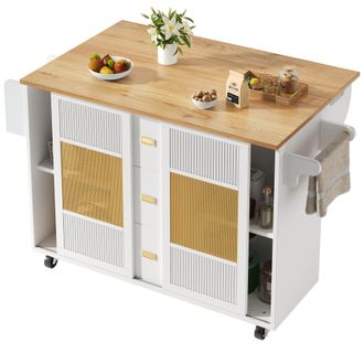 STILVORA Isla De Cocina Con 3 Cajones, 2 Puertas Correderas, Mesa Abatible Y Portatoallas, En Mdf Y Metal, 146,85x70x90 Cm, Blanco