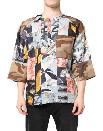 Dolce & Gabbana Mens Multicolor Patchwork Short Sleeves Shirt Flax Cotton Silk