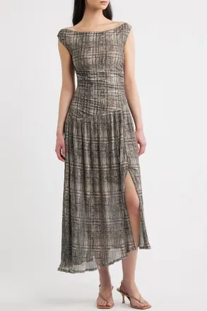Moon River Plaid Mesh Pleated Midi Dress in Brown Plaid at Nordstrom, Size X-Large