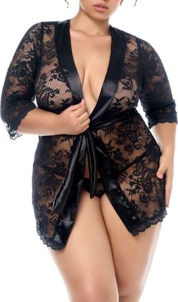 Mapal&eacute; Lace Robe & Thong Set in Black at Nordstrom, Size 3X