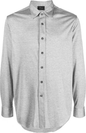 Brioni Knoopshirt van Zijde-Katoen - Heren - Casual Overhemden - Grijs - L - Katoen - Overhemden