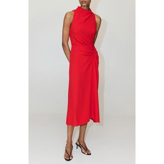 Mango Ruched Draped Neck Midi Dress in Red at Nordstrom, Size 10