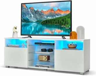 Costway Costway - Mobile tv con Luci led per Televisori fino a 65 Pollici, Moderno Centro Multimediale con Ripiani in Vetro Regolabili, Mobile Porta tv a Due