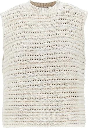 Emporio Armani Pointelle Gebreide Top - Dames - Ronde hals truien - Beige - M - Katoen - Truien & Vesten