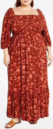 City Chic Mckenzie Floral Long Sleeve Maxi Dress in Orange Floral at Nordstrom, Size Xxs