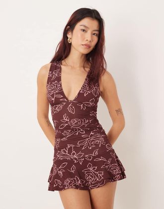 Motel Lanai - Vestito corto bordeaux con rose-Rosso