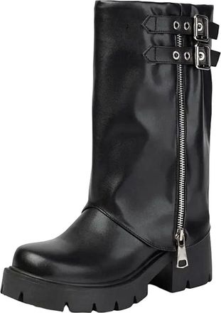 Generic Womens Fashion Mid Calf Boots Round Toe High Chunky Heel Platform With Side Zipper For Daily Leisure Footwear