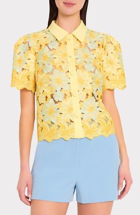 Milly Addison Floral Lace Button-Up Shirt in Yellow Multi at Nordstrom, Size X-Small