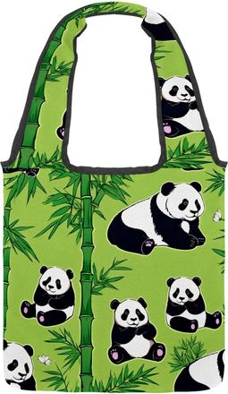 Generic Cute Panda on Green Reversible Canvas Shoulder Tote - Double-Sided Print, 12oz Cotton, 27cm Drop, Fold-Flat Bag for Travel, Shopping, Street Outings