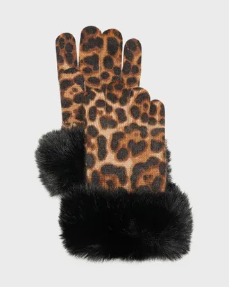Sofiacashmere Leopard Print Cashmere Gloves w/ Faux Fur Cuffs