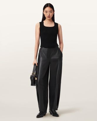 AllSaints Leather Etta Barrel Leg Leather Trousers, Size: UK 14/US 10