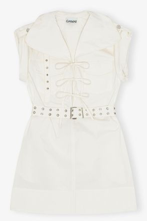 Ganni White Ivory Stretch Cotton Mini Dress - Size 10/12 Organic