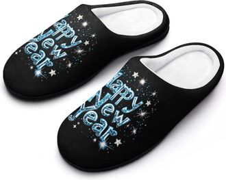 Generic Happy New Year Shiny Blue Snowflakes Slippers Men Winter Warm Cotton Anti-Slip Indoor Slip-Ons House Shoes