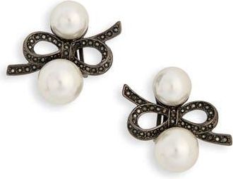 Kenneth Jay Lane Faux Pearl & Crystal Bow Clip-On Earrings in Gun Metal at Nordstrom Rack