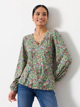 Fat Face FatFace Margot Green Ditsy Garden V Neck Top