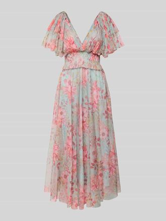 Lace & Beads Knielanges Cocktailkleid mit V-Ausschnitt in Hellgelb, Größe XXS