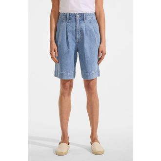 Lands End Soft Denim High Rise 7 Pleated Trouser Shorts in Hutton Blue Wash at Nordstrom, Size 14