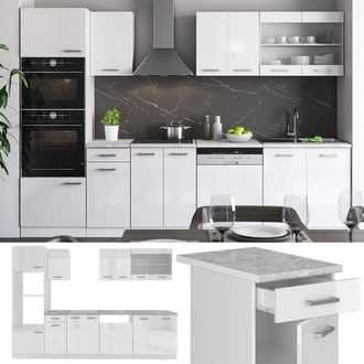 Vicco Mueble De Cocina R-line, Blanco Alto Brillo/blanco, 300 Cm Con Armario Alto, Et Roble, Vicco