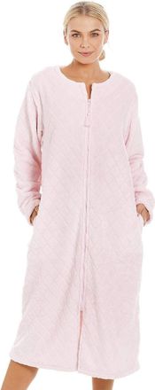 Camille Womens Super Soft Fleece Zipped Housecoat | Calf Length Diamond Print Bathrobe | Zip Close, Long Sleeves & Pockets | Lightweight Luxury | Warm & Comfy
