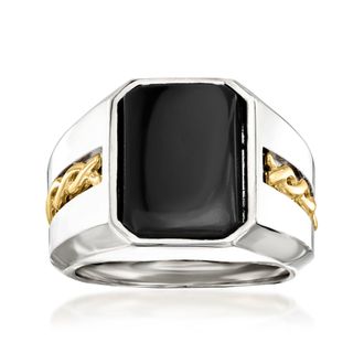 Ross-Simons Mens Black Onyx Ring in Sterling Silver and 14kt Yellow Gold