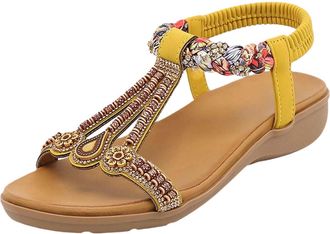 Generic Womens Flat Sandals Summer Shoes for Women UK Womens Summer Sandals Casual Comfortable Flip Flops Sparkly Rhinestone Shoes Ankle T-Strap Elastic Back 